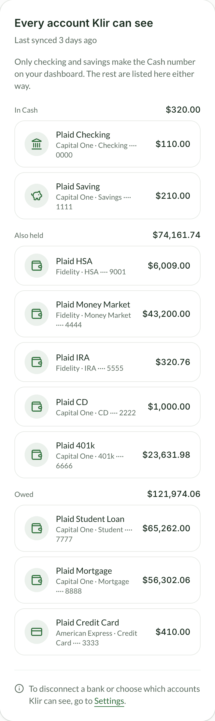 Klir's accounts screen, grouped into In Cash, Also held and Owed, each account showing its balance.