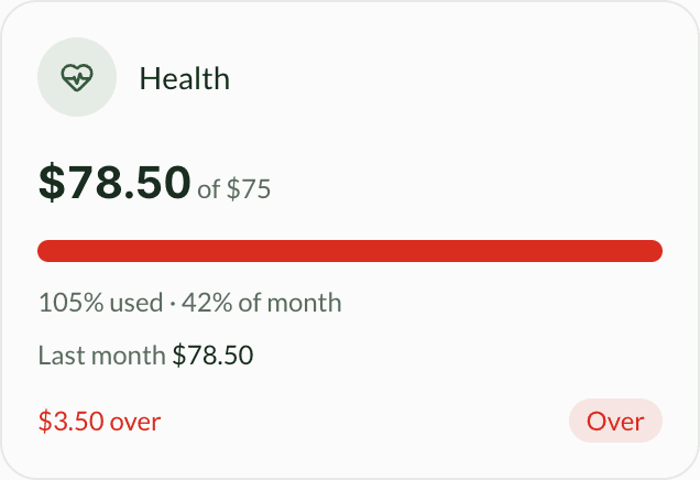 Budget tiles for several spending categories, each with an amount, a limit and a progress bar.