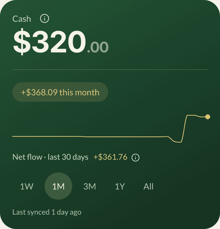 A dark green card reading Cash, $320.00, with a gold chip showing the month's net flow and a small line chart.